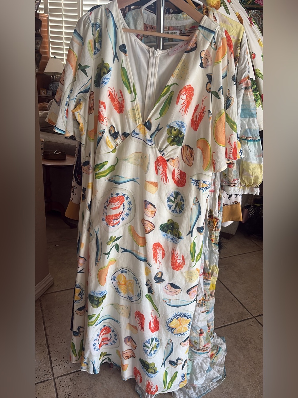 Lisa Says Gah White Seafood-Print Midi Wrap Dress